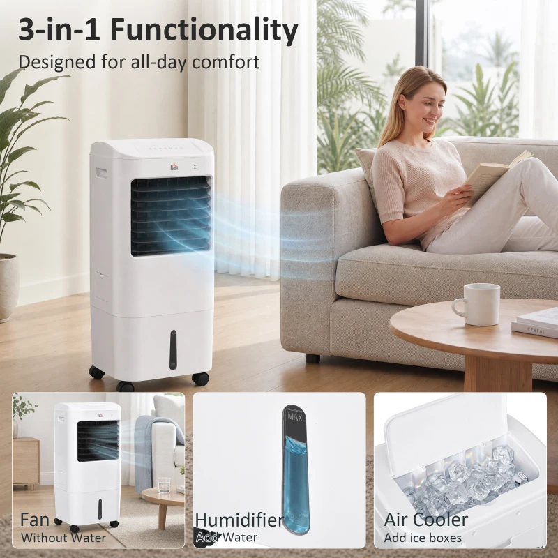 HOMCOM Cooling Fan for Bedroom with Ice Pack, Tower Fan with Remote Control, 3 Modes, 3 Speeds, 7.5H Timer, White