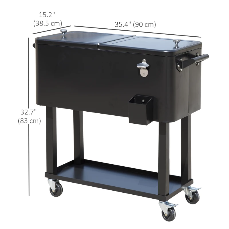 Outsunny 80 Quart Rolling Cooler Cart Portable Patio Ice Beer Beverage Cooling Bin for Outdoor Party w/ Bottle Opener & Storage Shelf Black