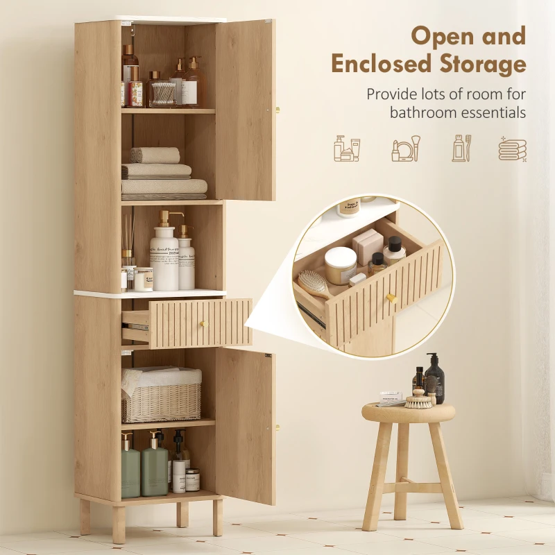 HOMCOM 66" Tall Bathroom Cabinet, Freestanding Slim Bathroom Storage Cabinet with Silent-Glide Drawer, Adjustable Shelves, Oak
