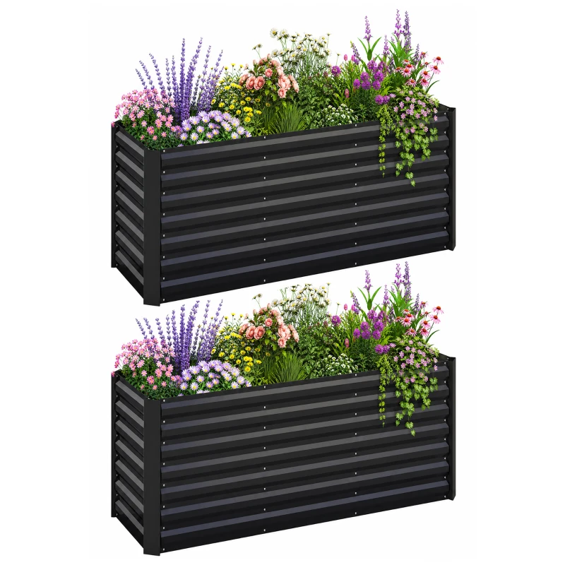 Outsunny Set of 2 Galvanized Metal Planters for Outdoor Plants, 4' x 2' x 2' Raised Garden Bed, Dark Grey