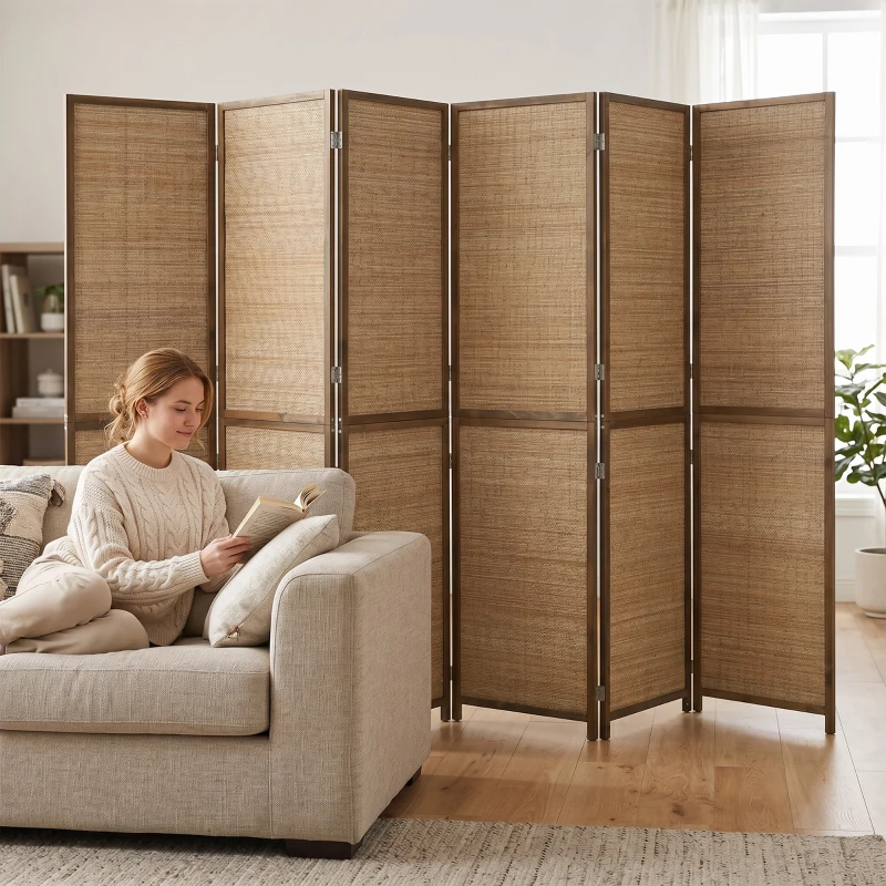 HOMCOM Room Divider, 6 Panel Folding Privacy Screen, 6 FT Tall Hand-Woven Bamboo Wall Partition, Brown