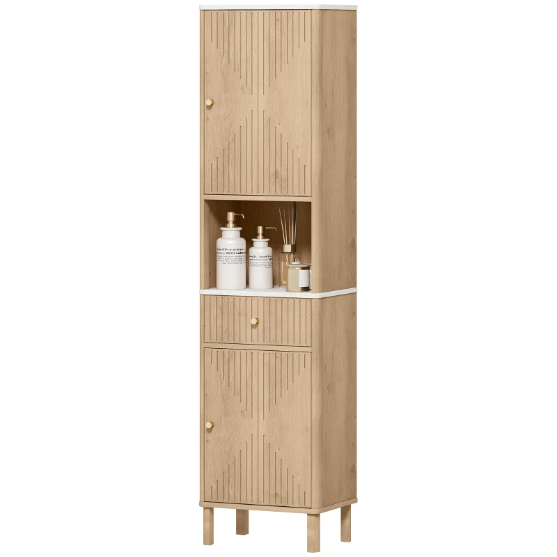 HOMCOM 66" Tall Bathroom Cabinet, Freestanding Slim Bathroom Storage Cabinet with Silent-Glide Drawer, Adjustable Shelves, Oak
