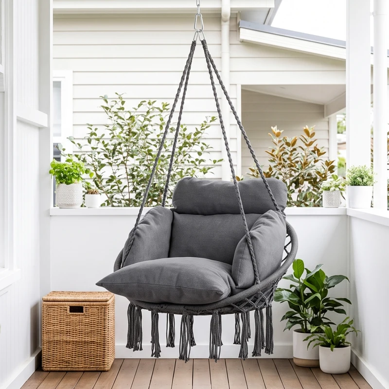 Outsunny Hammock Swing Chair, Macrame Hanging Chair with Large Cushion, Chain, Steel Frame for Indoor Outdoor Use, Dark Gray
