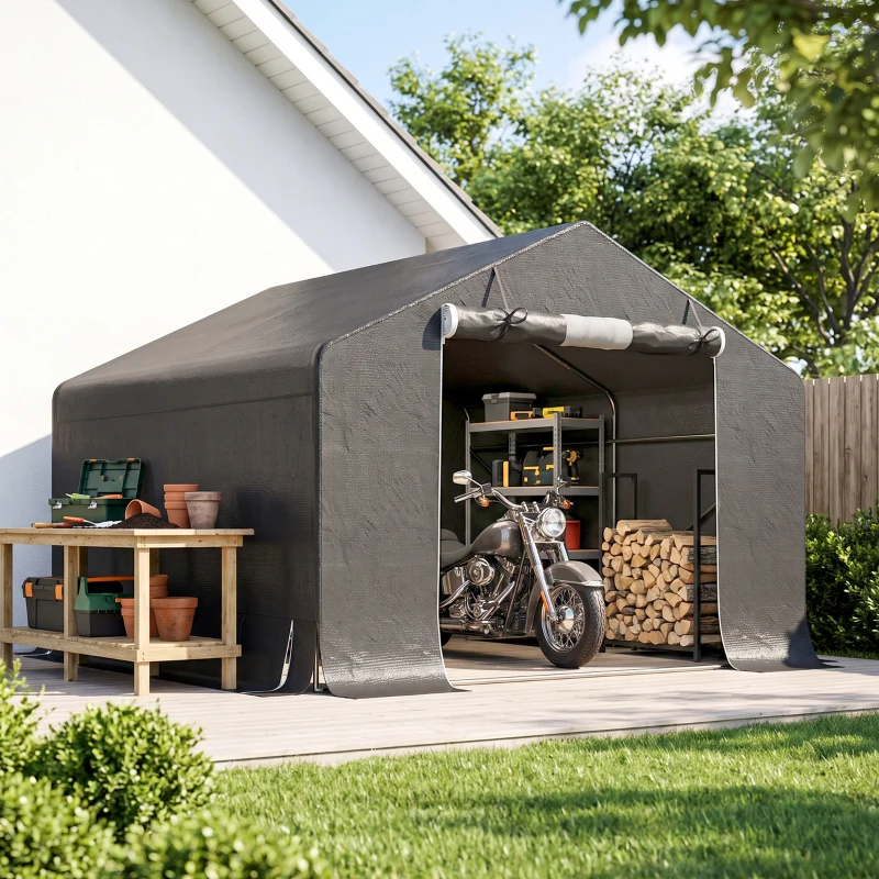 Outsunny 10' x 10' Portable Shed, Waterproof Bike Tent with Roll-up Zipper Door and Reinforced Galvanised Metal Frame, Dark Grey
