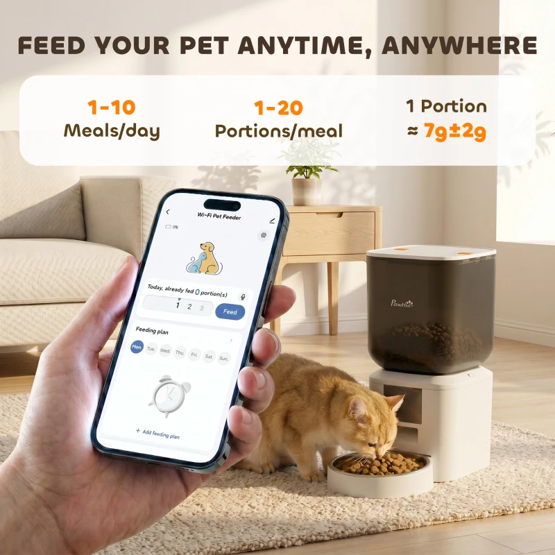 PawHut Automatic Cat Feeder, 2.4G WiFi, Smart APP Control 8L Pet Feeder Dispenser 1-10 Meals with 10s Meal Call Back