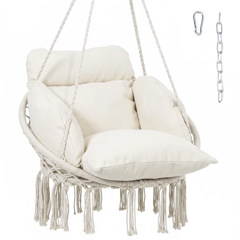 Outsunny Hammock Swing Chair, Macrame Hanging Chair with Large Cushion, Chain, Steel Frame for Indoor Outdoor Use, Cream White