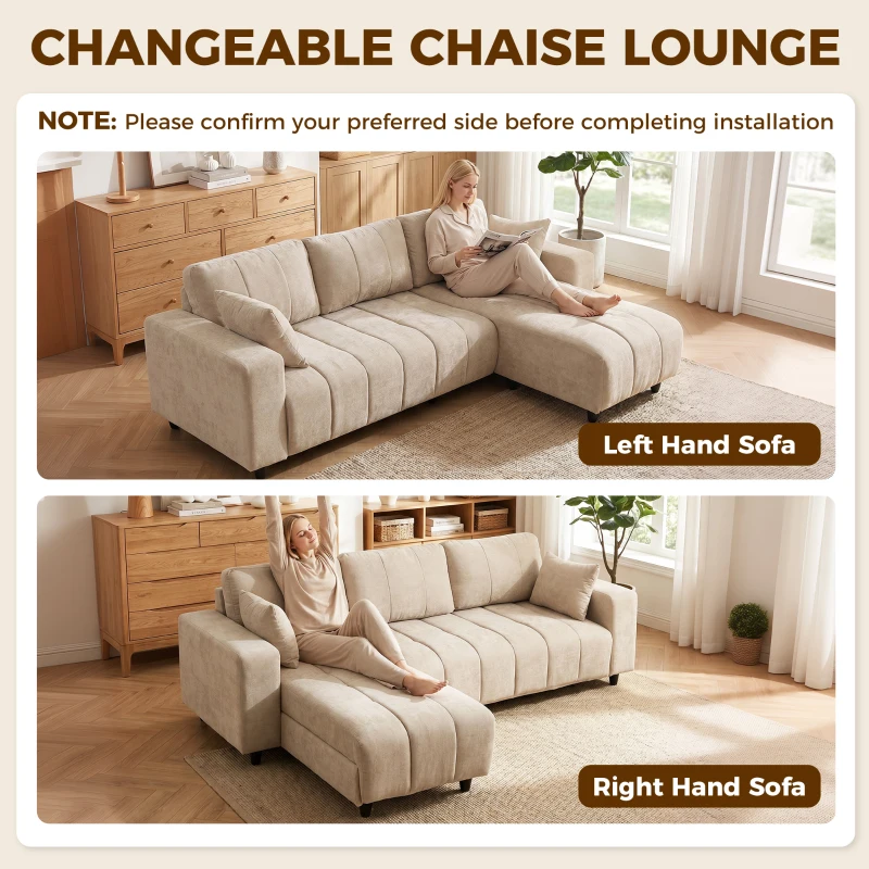 HOMCOM Sectional Couch with Integrated Seat, 3 Seater L-Shaped Sofa with Changeable Chaise, Spring Cushion, 2 Pillows, Beige
