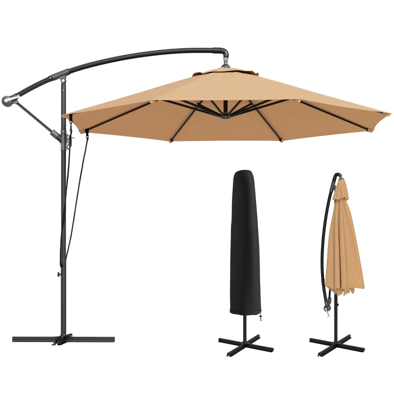 Outsunny 9.5' Cantilever Umbrella with Wind Protection Strap and Cover, Hanging Umbrella with Crank and Cross Base, Khaki