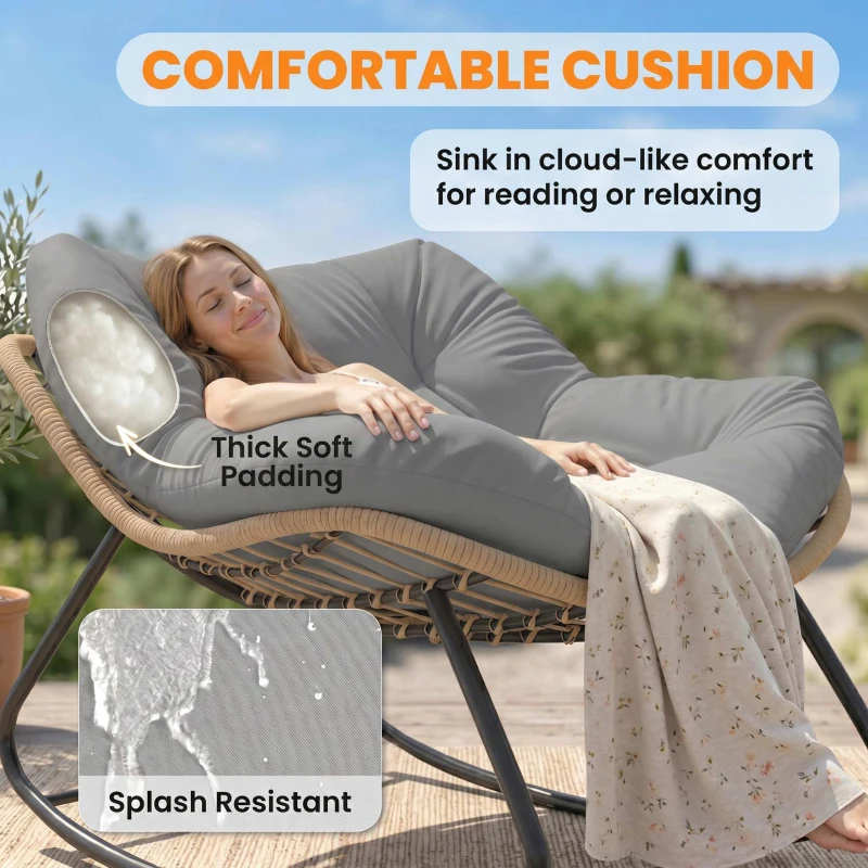 Outsunny Indoor Outdoor Papasan Rocking Chair, Oversized Rocking Egg Chair with Cushion for Garden, Patio, Grey