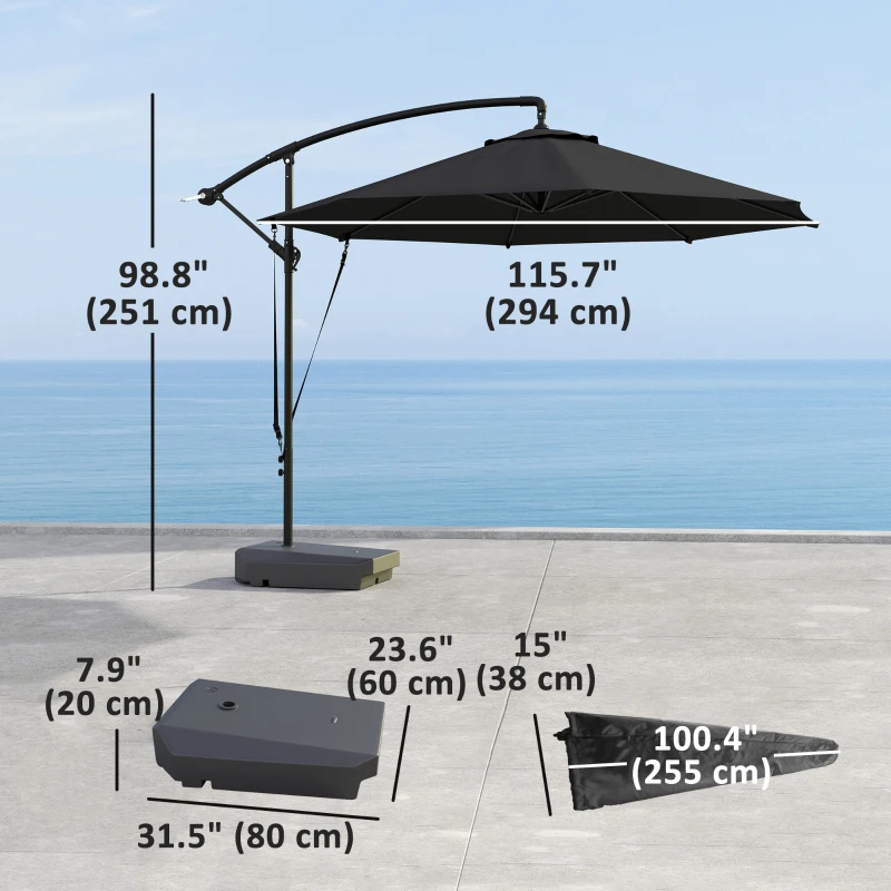 Outsunny 10FT Cantilever Umbrella with Fillable Base, Wind Strap and Cover, Offset Hanging Umbrella with Crank, UPF50+, Grey