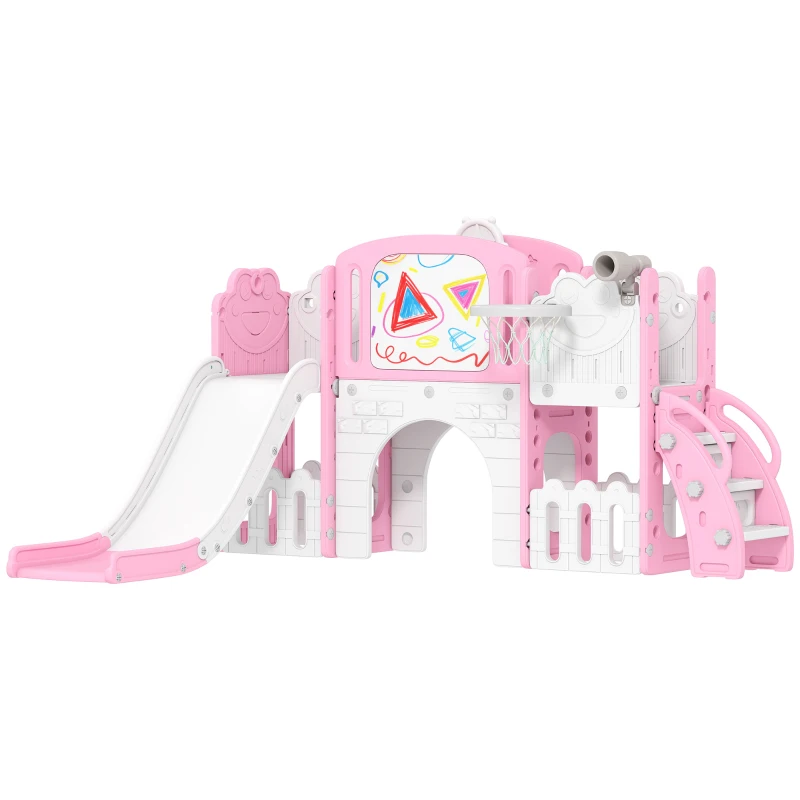 Qaba 7 in 1 Kids Slide with Climber, Basketball Hoop, Telescope, Indoor Outdoor Playground, for Boys Girls Ages 1-3, Pink