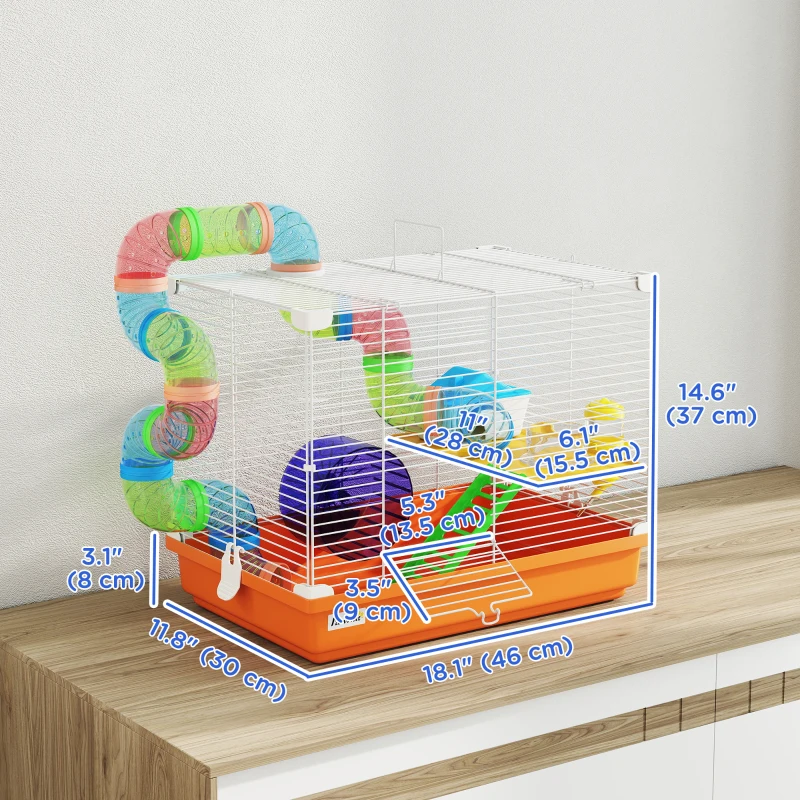 PawHut 18"L Hamster Cage, Small Animal House, 2-Level Rat Gerbil Haven with Tunnel Tube System, Orange