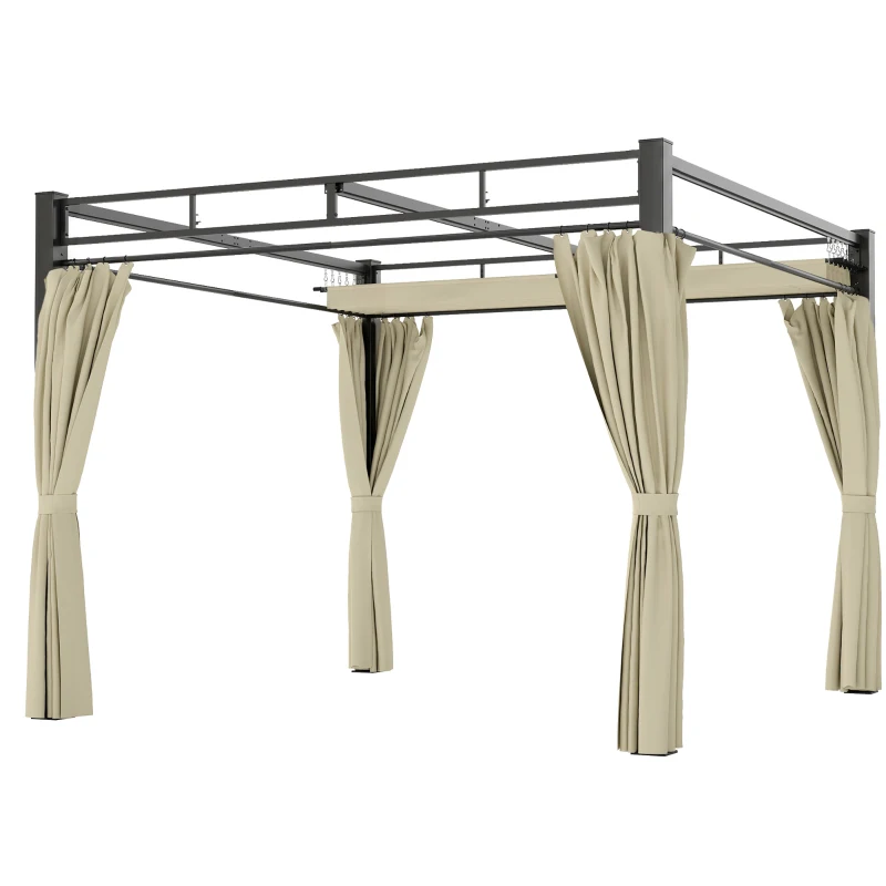 Outsunny 10' x 10' Outdoor Gazebo, Retractable Pergola Canopy with Curtains, UPF30+ Free Standing Metal Pergola Kit, Beige