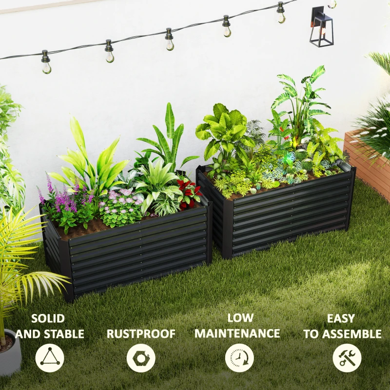 Outsunny Set of 2 Galvanized Metal Planters for Outdoor Plants, 4' x 2' x 2' Raised Garden Bed, Dark Grey
