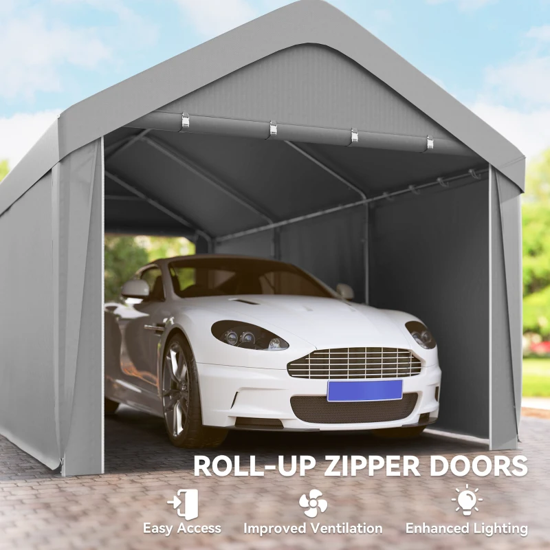 Outsunny Carport, 10 x 20 ft Portable Garage with 2 Roll-Up Doors and Removable Sidewalls for Car, Truck, Boat, Light Grey