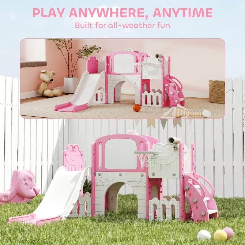 Qaba 7 in 1 Kids Slide with Climber, Basketball Hoop, Telescope, Indoor Outdoor Playground, for Boys Girls Ages 1-3, Pink