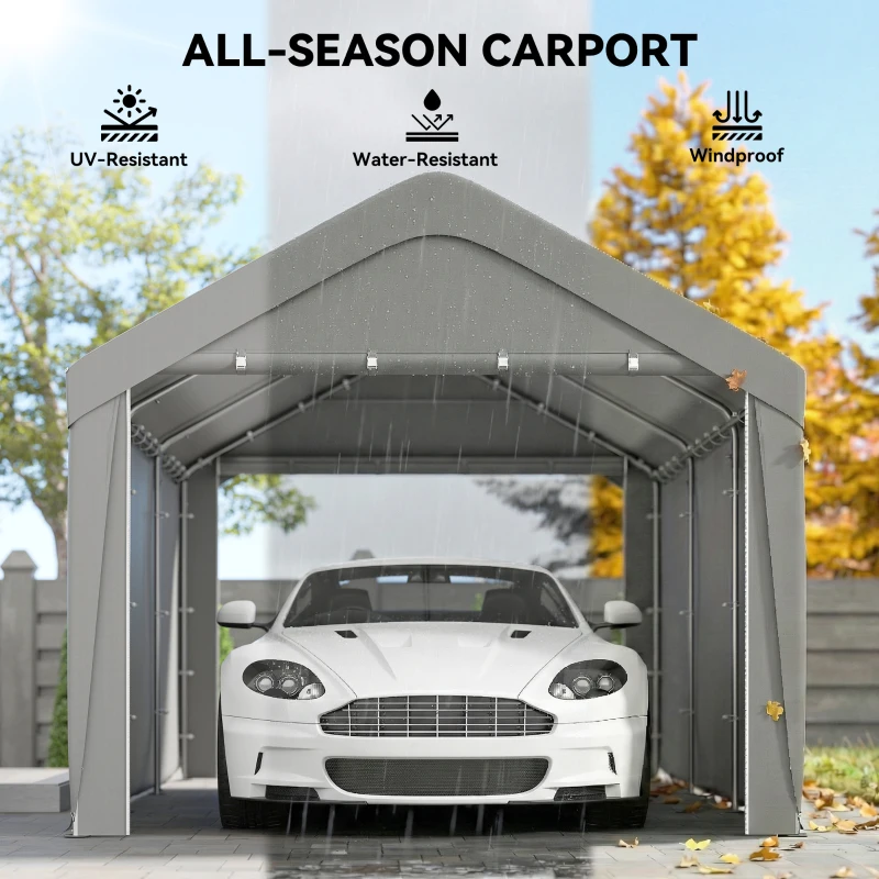 Outsunny Carport, 10 x 20 ft Portable Garage with 2 Roll-Up Doors and Removable Sidewalls for Car, Truck, Boat, Light Grey