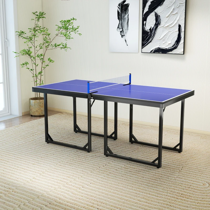 Soozier 6x3 ft Compact Midsize Table Tennis Table Multi-Use Family Ping-pong Table Free Standing Folding Blue