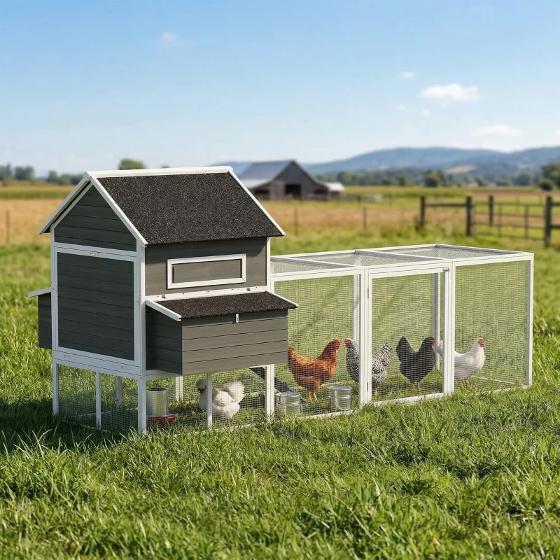 PawHut 137" Wooden Chicken Coop with Chicken Run, Nesting Box, Dark Grey