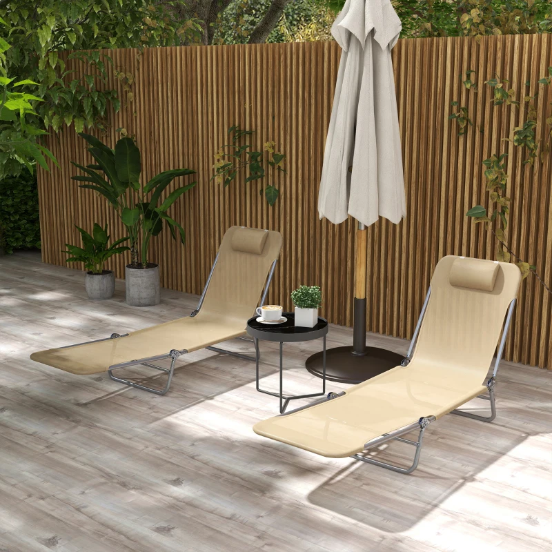 Outsunny Folding Outdoor Lounge Chair Set of 2, Reclining Tanning Chair with 5-Position Adjustable Backrest, Brown