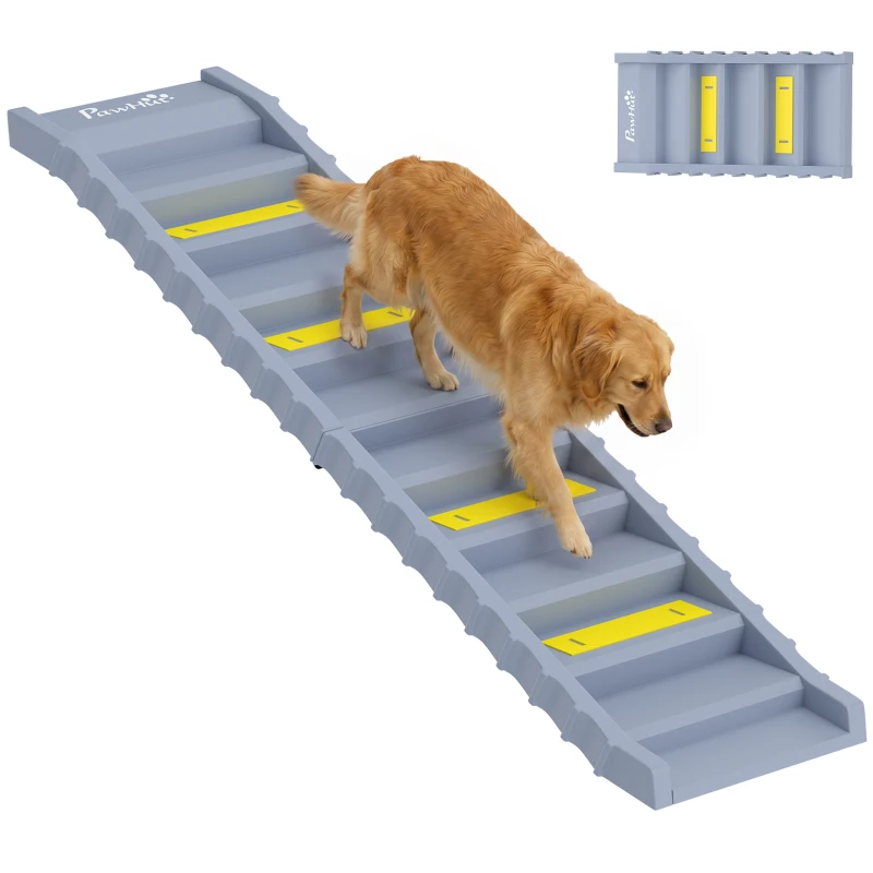 PawHut Foldable Dog Car Ramp, Dog Ramp with Anti-Slip Steps, Pet Stairs for Senior Pets to Access Cars and High Beds, Grey