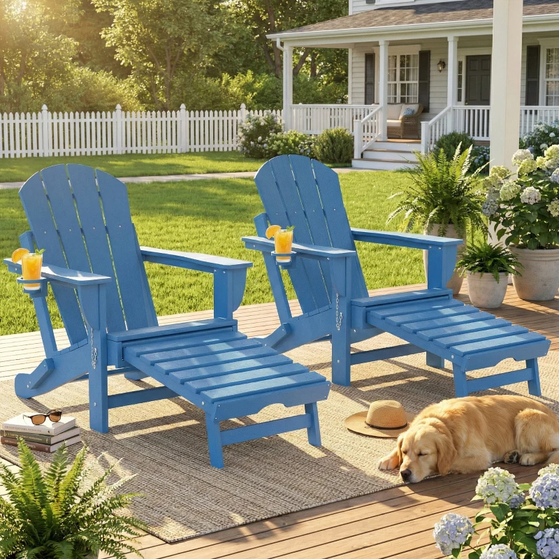 Outsunny Folding Adirondack Chair Set of 2, HDPE Fire Pit Chair with Retractable Ottoman and Cup Holder, Blue