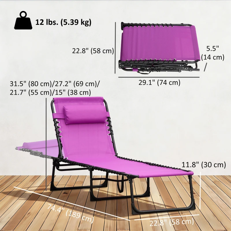 Outsunny Outdoor Folding Lounge Chair, 4-Level Adjustable Chaise Lounge with Headrest, Tanning Chair Beach Bed, Reclining Lounger Cot for Camping, Hiking, Backyard, Purple