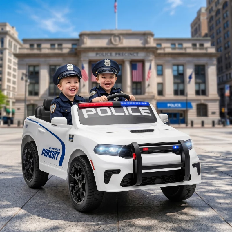 Qaba Licensed Dodge Ride On Police Car for Kids with 2 Seater, Remote, Suspension, Flashing Lights, Siren for Ages 3-6, White