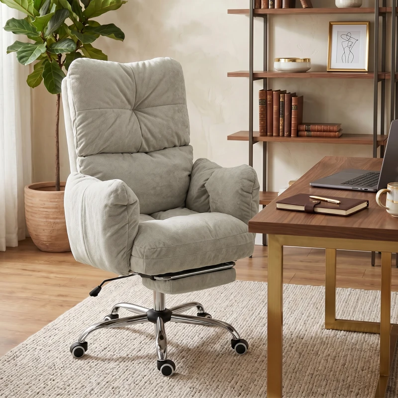 HOMCOM Office Chair with Foot Rest, Ergonomic Reclining Computer Gaming Chair w/ Snow Flannel Fabric, Thick Cushion, Light Grey