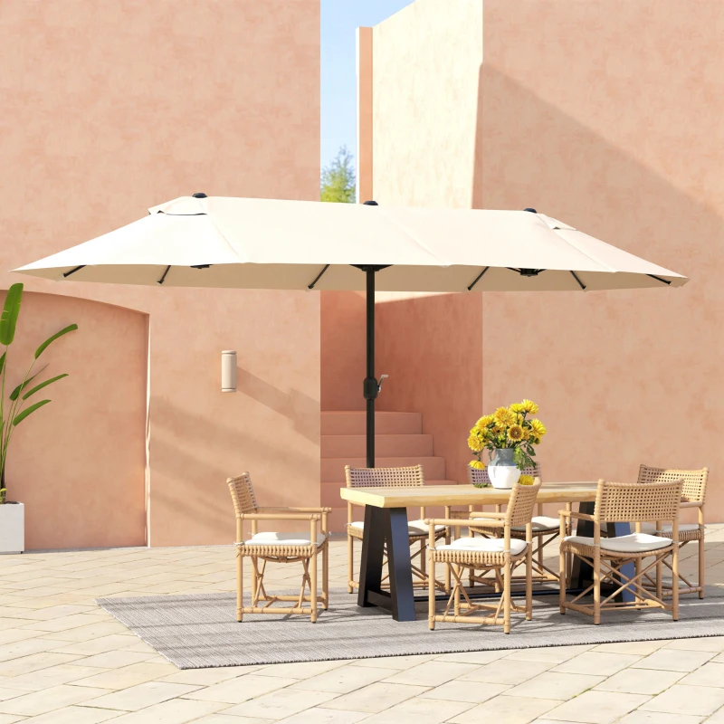 Outsunny 15' Outdoor Patio Umbrella with Twin Canopy Sunshade Steel Table Umbrella with Lift Crank Beige