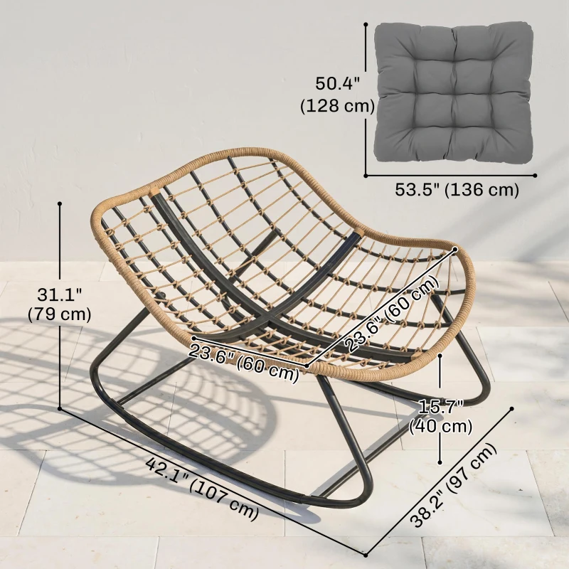 Outsunny Indoor Outdoor Papasan Rocking Chair, Oversized Rocking Egg Chair with Cushion for Garden, Patio, Grey