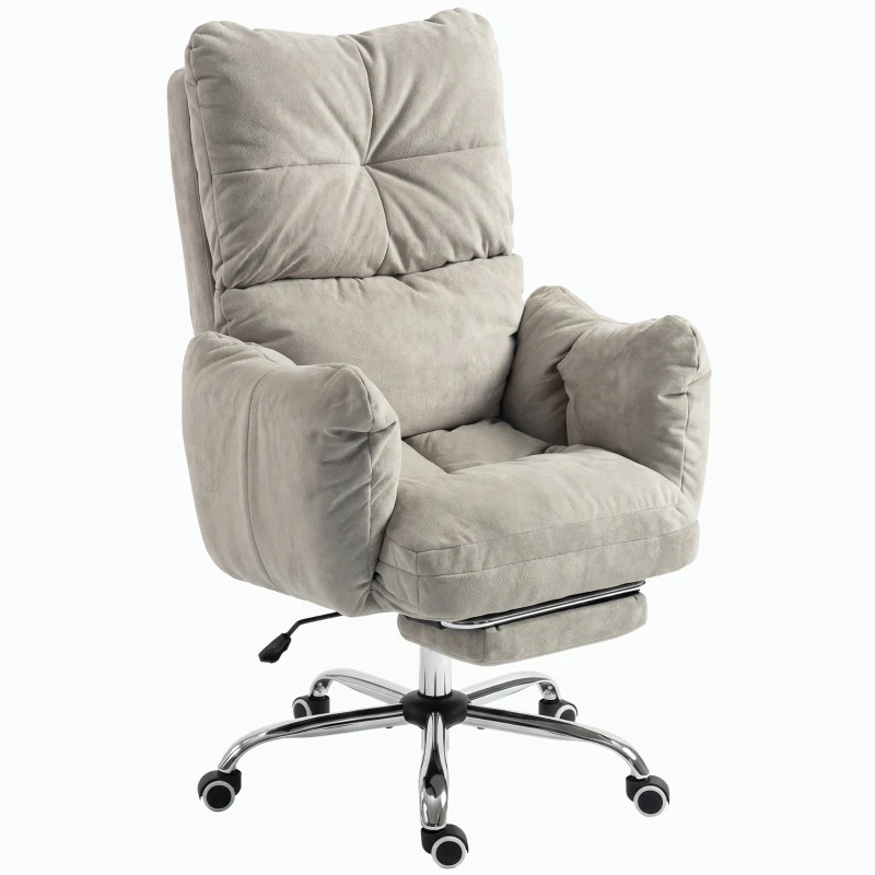 HOMCOM Office Chair with Foot Rest, Ergonomic Reclining Computer Gaming Chair w/ Snow Flannel Fabric, Thick Cushion, Light Grey