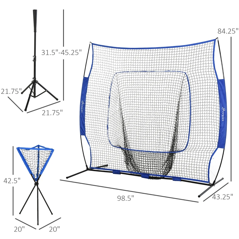 Soozier Baseball Net Set with 7.5x7ft Catcher Net, Ball Caddy, Portable Pitching Net for Hitting, Pitching, Batting, Catching, Blue