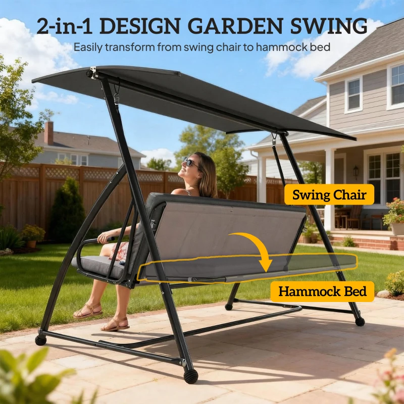 Outsunny Patio Swing Chair, 3 Person Convertible Hammock, Outdoor Swing Lounge Bed, Cushioned with Tilt Canopy, Dark Grey
