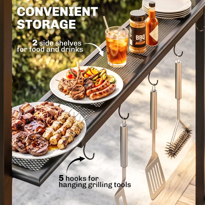 Outsunny 8' x 5' Hardtop Grill Gazebo, Outdoor BBQ Gazebo with PC Board Roof, BBQ Canopy Gazebo with 2 Side Shelves and 5 Hooks