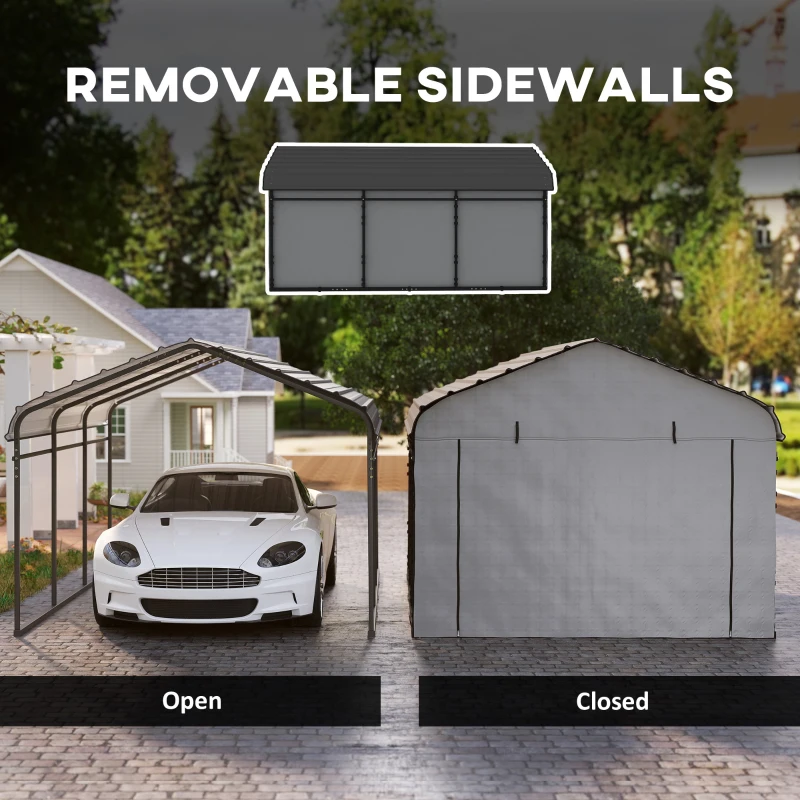 Outsunny 10' x 15' Metal Carport, Heavy Duty Garage Car Shelter with Galvanized Metal Roof and Removable Sidewalls, Light Grey