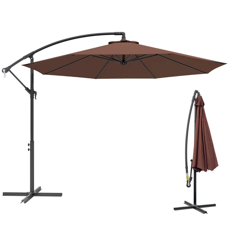 Outsunny 10' Deluxe Patio Umbrella, Outdoor Market Parasol, Banana Hanging Offset Sunshade with Crank, Cross Base, Coffee