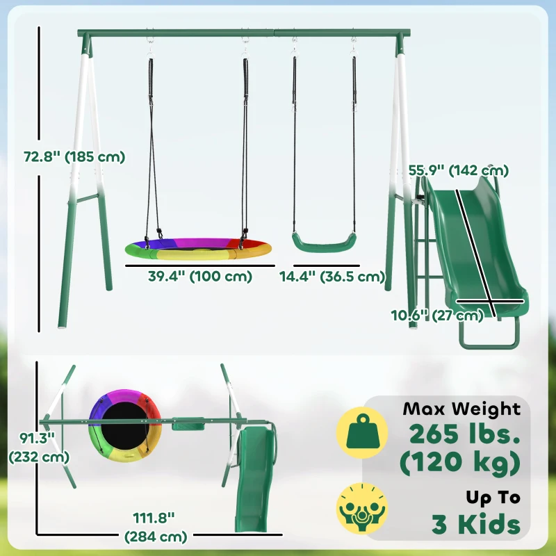 Qaba Metal Swing Set with Slide, Saucer Swing Seat, Heavy Duty A-Frame Stand and Adjustable Rope for Backyard, Dark Green