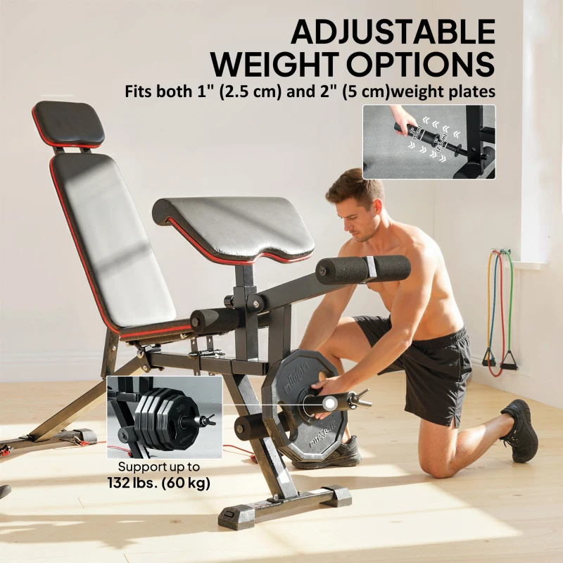 Soozier Adjustable Weight Bench with Wheels, Load 660LBS Workout Bench with Leg Extension, Preacher Curl and Resistance Bands