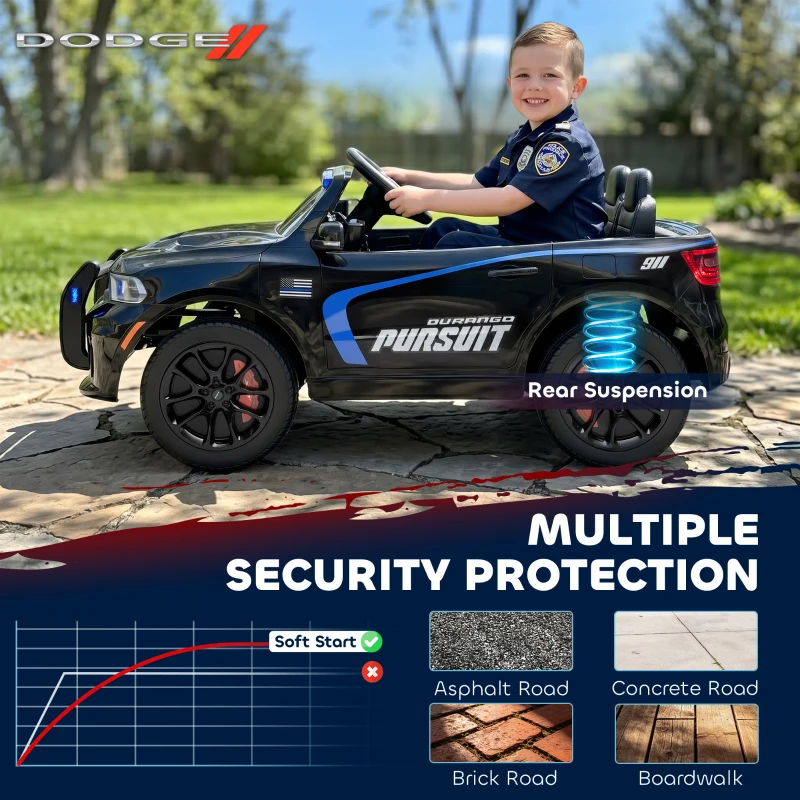 Qaba Licensed Dodge Ride On Police Car for Kids with 2 Seater, Remote, Suspension, Flashing Lights, Siren for Ages 3-6, Black