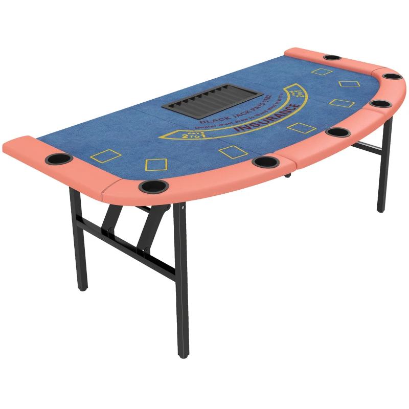 Soozier Poker Table Foldable, 72" Portable Casino Blackjack Table for 8 Players with Felt Surface, Cup Holders, Blue