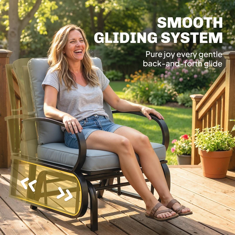 Outsunny Patio Glider, Outdoor Glider Chair with Cushions, Steel Frame, Curved Armrests, Light Grey