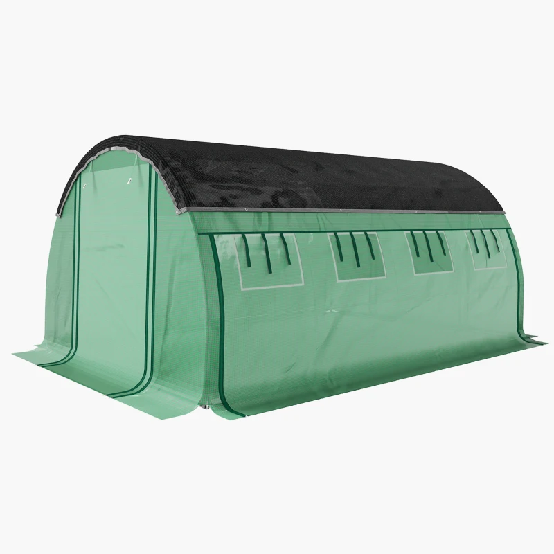 Outsunny Walk-in Tunnel Greenhouse, Plant Hot House with Sunshade Net, Roll-up Mesh Sidewalls, 2 Doors, 10' x 13' x 6.5' , Green