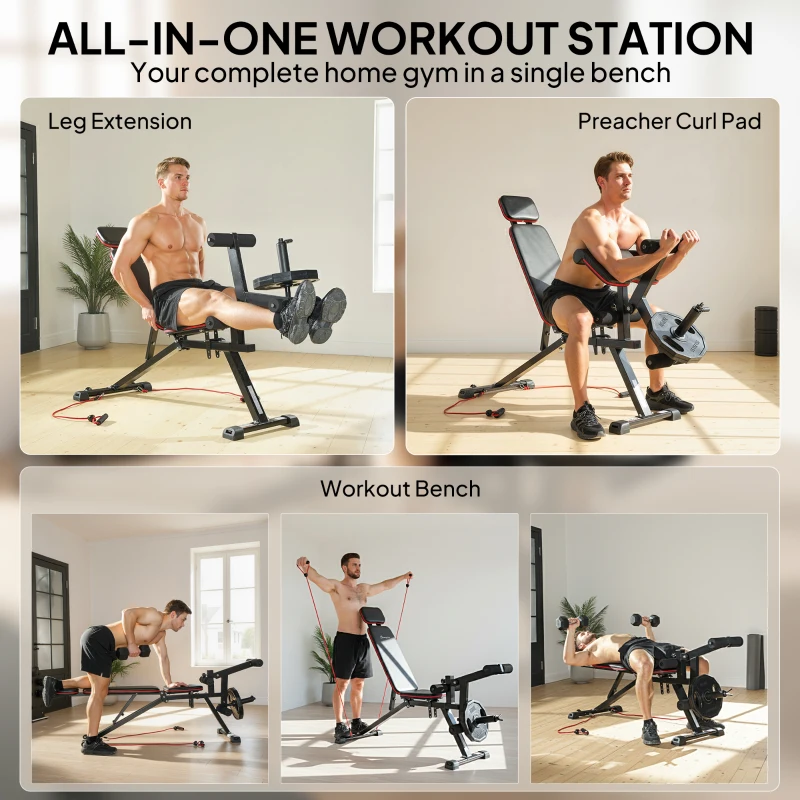 Soozier Adjustable Weight Bench with Wheels, Load 660LBS Workout Bench with Leg Extension, Preacher Curl and Resistance Bands