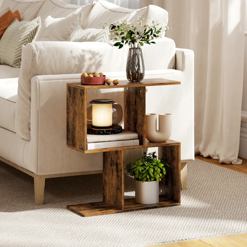HOMCOM End Table, Narrow Side Table with Storage Shelves, S-Shaped, 3-Tier, 19.7" W x 7.7" D x 22.8" H, Rustic Brown