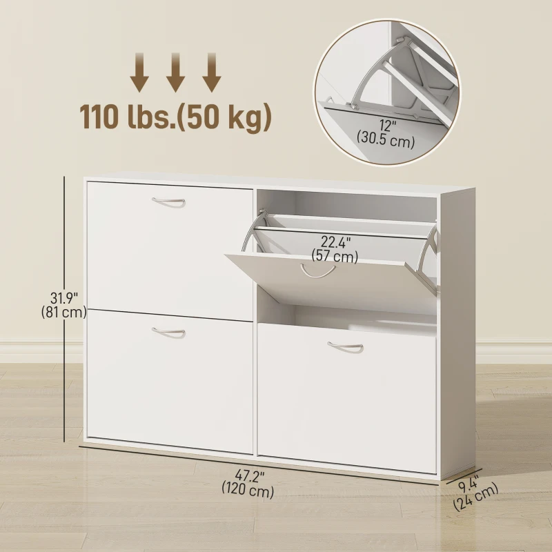 HOMCOM Flip Down Shoe Rack, Multi Cabinet, Wooden Shoe Shelf, Entryway, 4 Drawer Organizer, Freestanding Unit, White