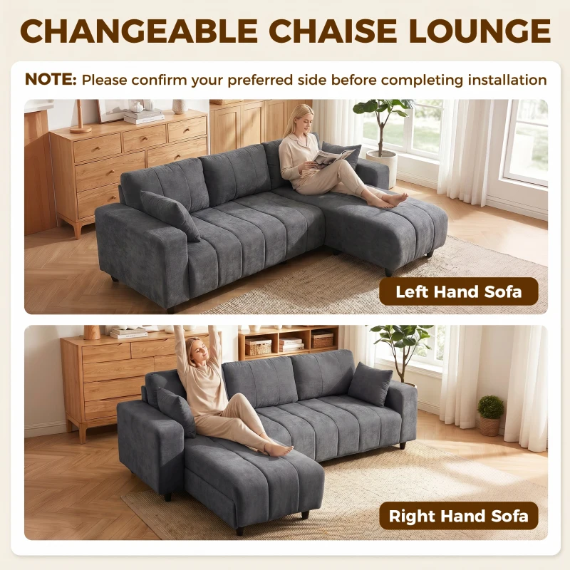 HOMCOM Sectional Couch with Integrated Seat, 3 Seater L-Shaped Sofa with Changeable Chaise, Spring Cushion, Charcoal Grey