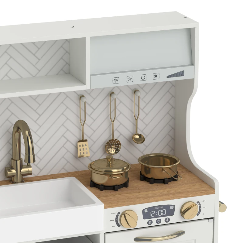 Qaba Play Kitchen, Kids Kitchen Playset with Coffee Machine, Ice Maker, Microwave, Oven, Storage, Gift for Toddlers 3+, White