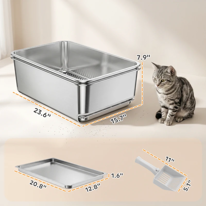 PawHut Stainless Steel Litter Box, XL Sifting Cat Litter Box for Medium, Large Cat, Non-Sticky, Odour Free, Easy Clean, Silver