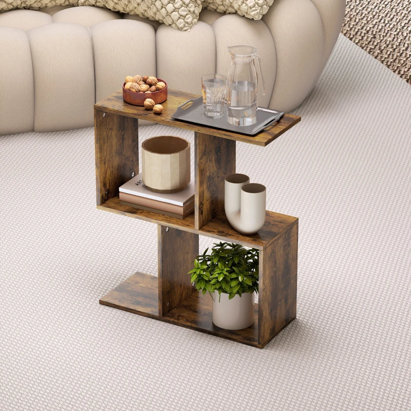 HOMCOM End Table, Narrow Side Table with Storage Shelves, S-Shaped, 3-Tier, 19.7" W x 7.7" D x 22.8" H, Rustic Brown